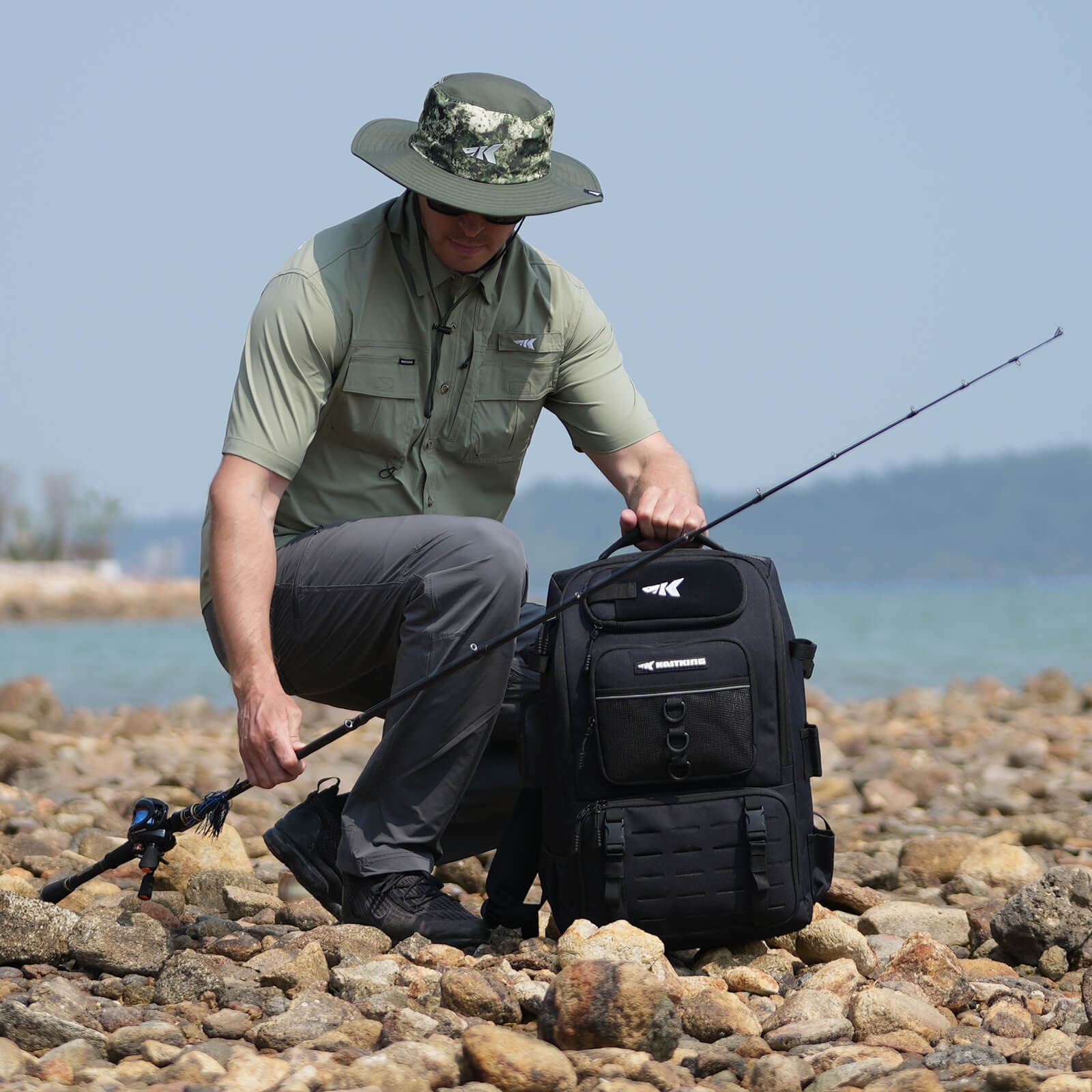 KastKing KarryAll Tackle Backpack with Rod Holders 4 Tackle Boxes