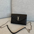 YSL  Cassandre Envelope Chain Wallet Black Grain Leather 19x11.5x4 cm