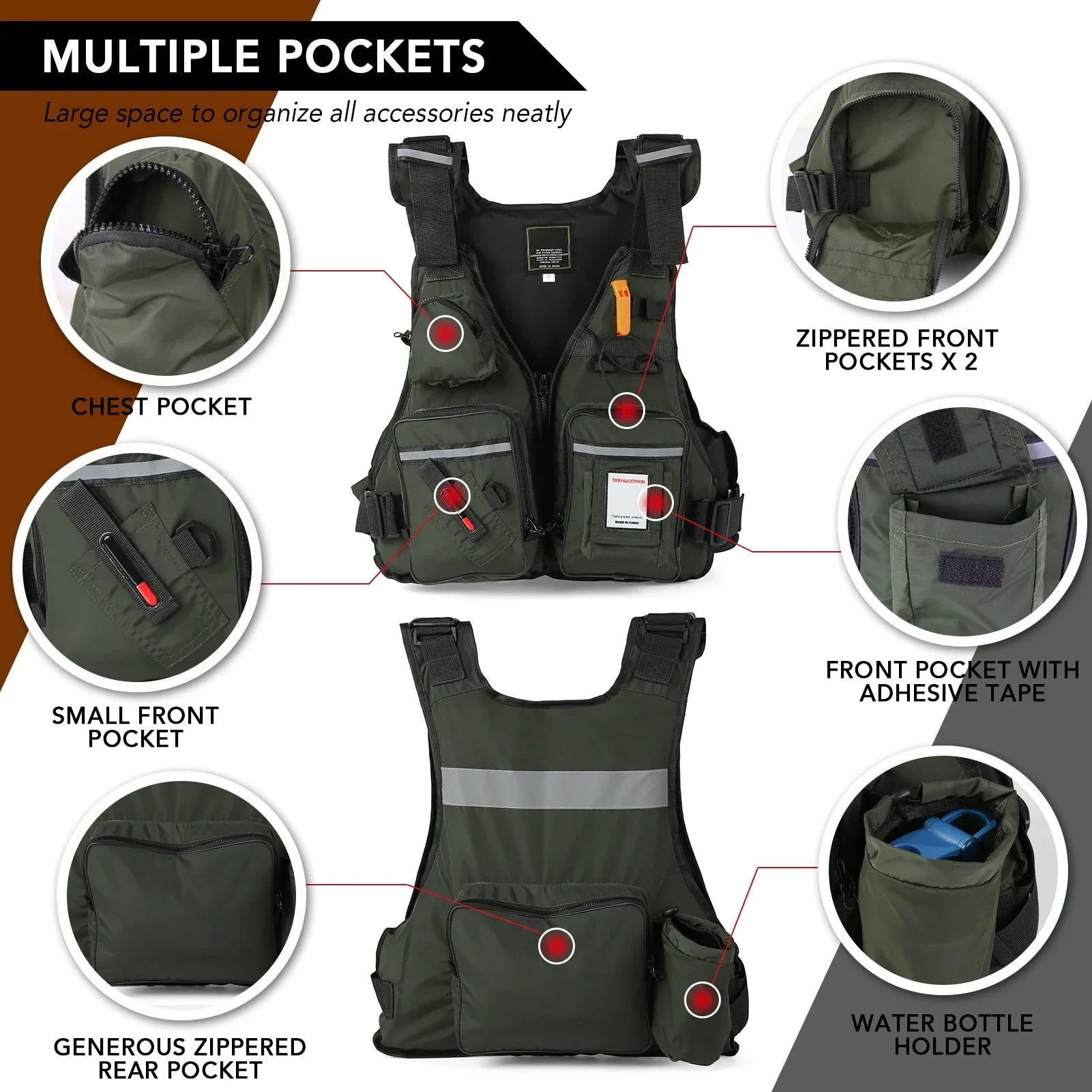 Multi-pockets Fly Fishing Jacket Buoyancy Vest Water Bottle Holder