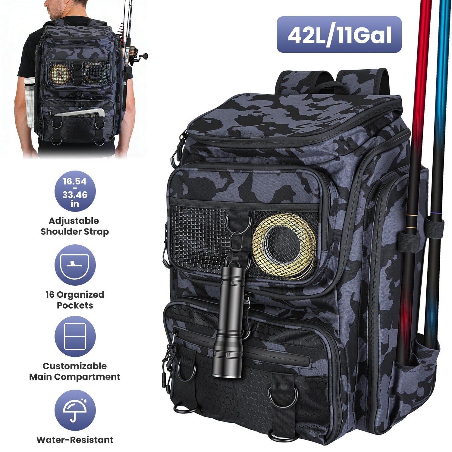 Fishing Backpack 42L with Rod Holders & 16 Pockets