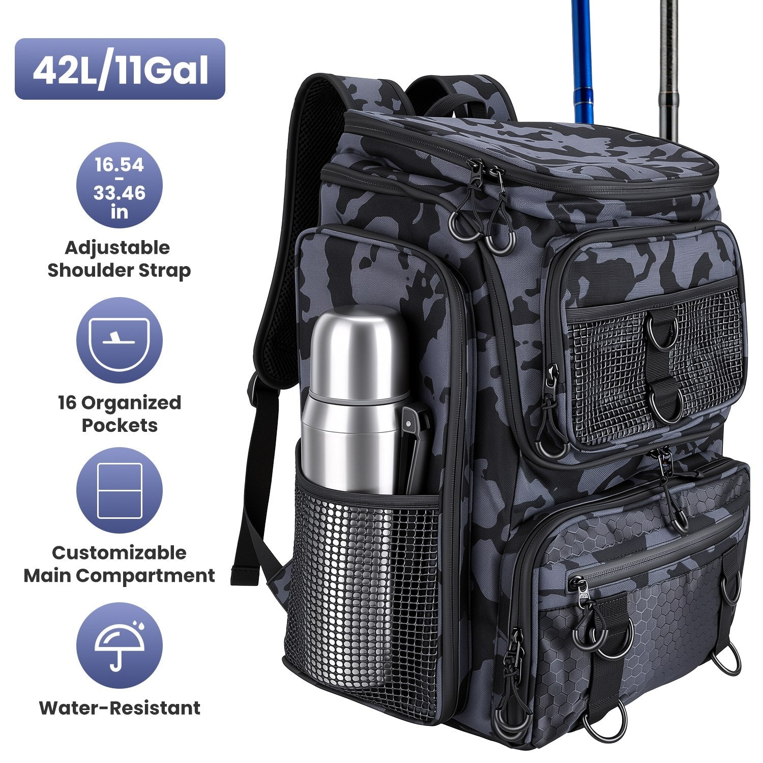 Fishing Backpack 42L with Rod Holders & 16 Pockets